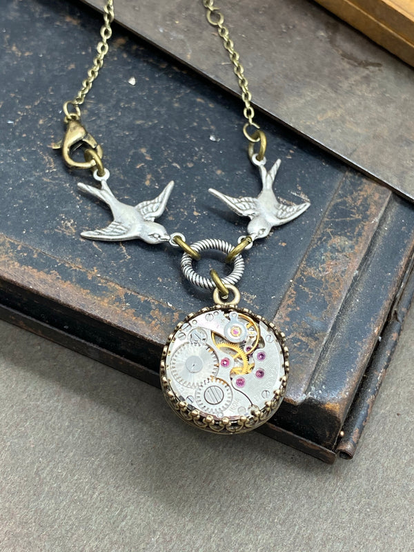 Steampunk jewelry, 2024 humming bird necklace, ENCHANTED FOREST steampunk watch movement necklace with brass humming bird