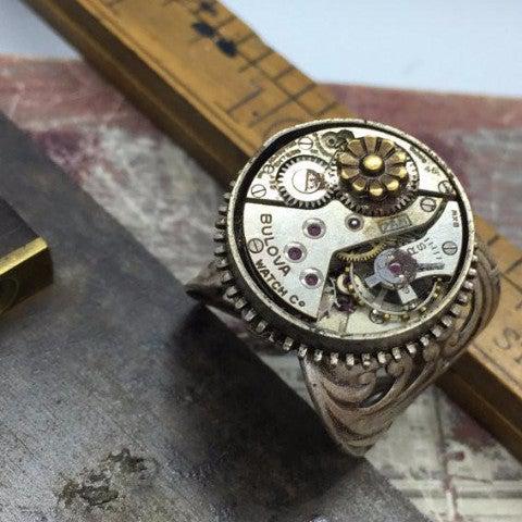 Vintage Watch Movement Ring with Flower Charm on Adjustable Filigree Band - The Victorian Magpie