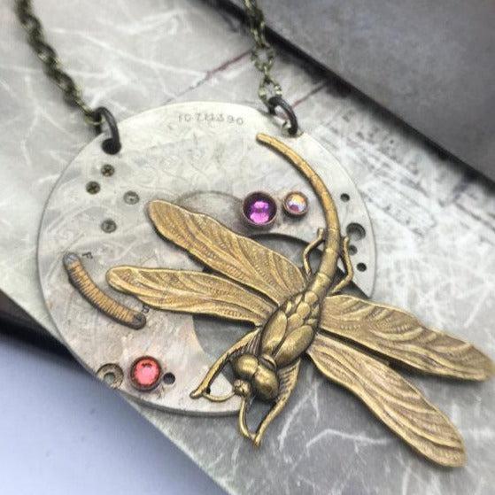 Vintage Watch Plate Necklace with Brass Dragonfly Charm and Swarovski Crystal Accents - The Victorian Magpie