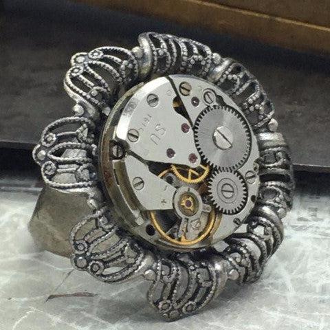 Vintage Floral Watch Movement Ring - The Victorian Magpie