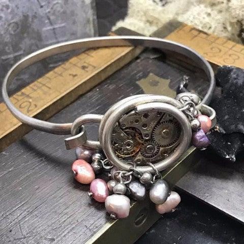 Vintage Watch Movement Bangle Bracelet with Bead Accents - The Victorian Magpie