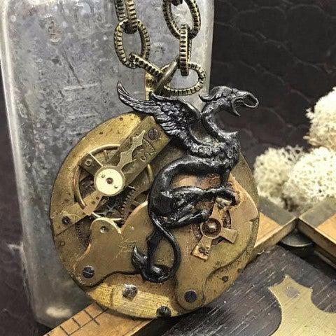 Vintage Watch Movement Necklace with Griffin Charm - The Victorian Magpie