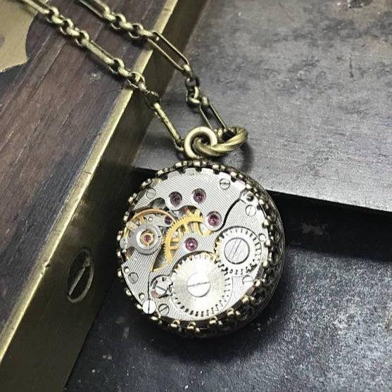 Jane, Vintage Round Watch Movement Necklace - The Victorian Magpie