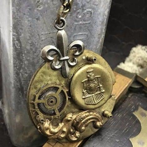 Vintage Watch Movement Necklace with Locomotive Charm - The Victorian Magpie