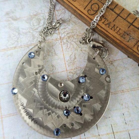 Vintage Watch Plate Necklace with Swarovski Crystal Accents - The Victorian Magpie