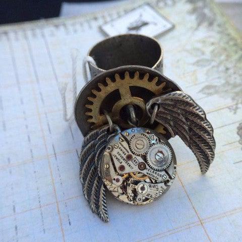 Vintage Watch Movement Ring with Antique Wing Charms - The Victorian Magpie