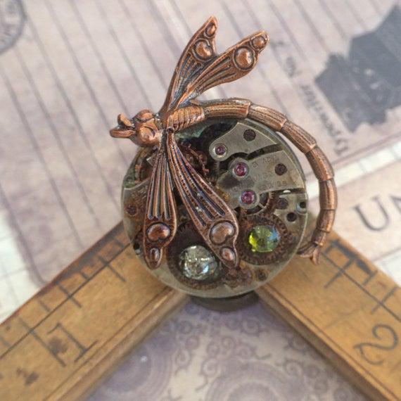 Vintage Watch Movement Ring with Antique Dragonfly Charm and Swarovski Crystal Accents - The Victorian Magpie