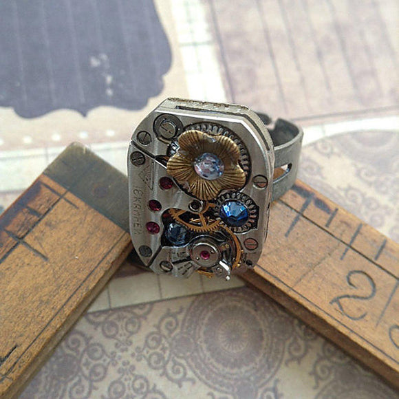 Vintage Watch Movement Ring with Flower Charm and Swarovski Crystal Accents - The Victorian Magpie