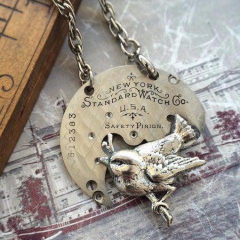 Vintage Pocket Watch Plate Necklace with Bird Charm - The Victorian Magpie