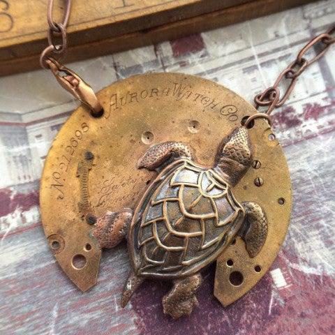 Vintage Watch Plate Necklace with Sea Turtle Charm - The Victorian Magpie