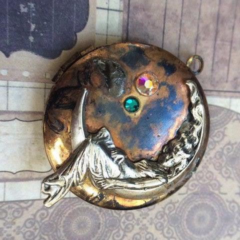 Vintage Steampunk Inspired Locket with Lady in the Moon Charm - The Victorian Magpie