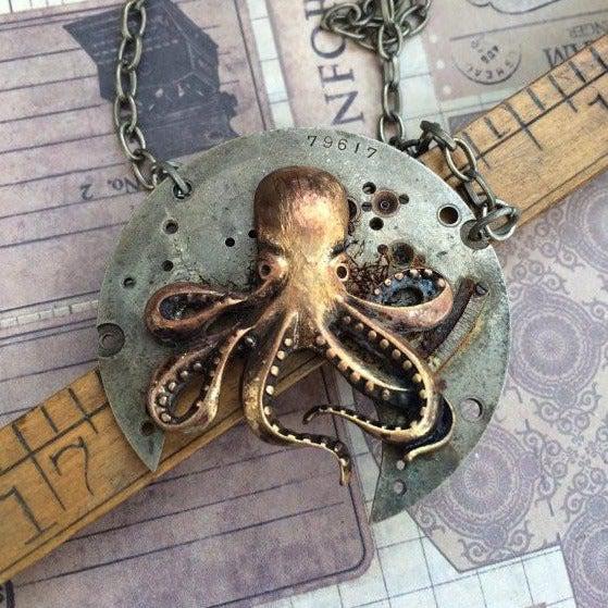 Vintage Watch Plate Necklace with Octopus Charm - The Victorian Magpie