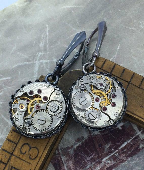 Sterling Silver Vintage Watch Movement Earrings on Lever Backs - The Victorian Magpie