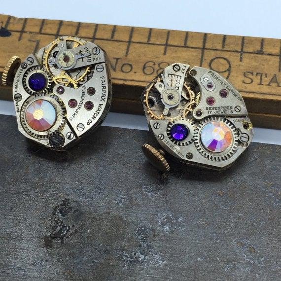Swarovski Crystal Vintage Watch Movement Stud Earrings - The Victorian Magpie