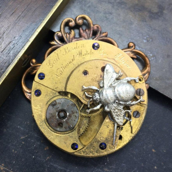 One of a Kind Elgin Watch Movement Necklace with Bee Charm - The Victorian Magpie