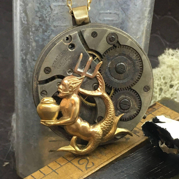 Poseidon, Steampunk pocket watch necklace Handcrafted artistic jewelry The Victorian Magpie - The Victorian Magpie