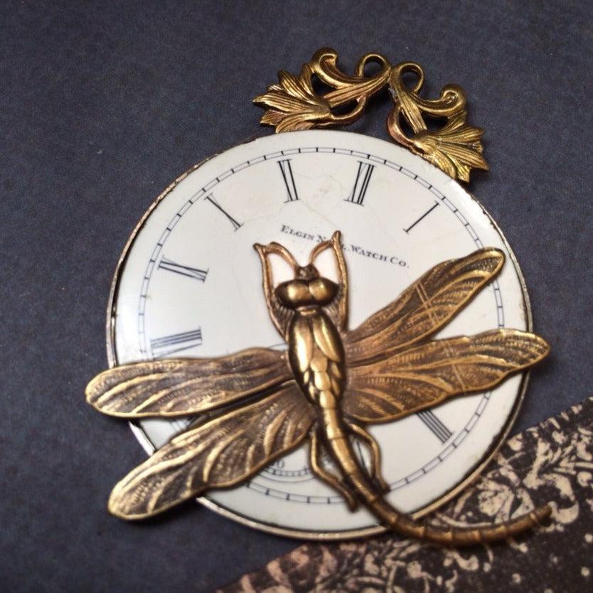 Steampunk necklace watch face with dragonfly handcrafted artisan jewelry - The Victorian Magpie