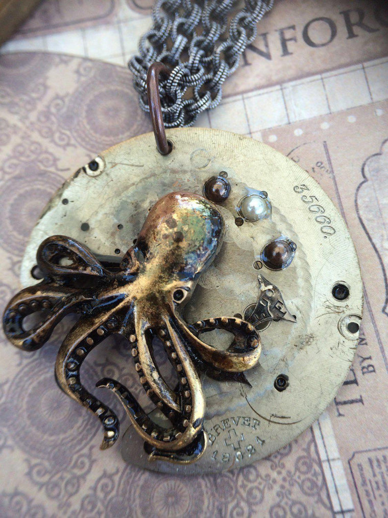 Octopus Steampunk Necklace with Pearls - The Victorian Magpie
