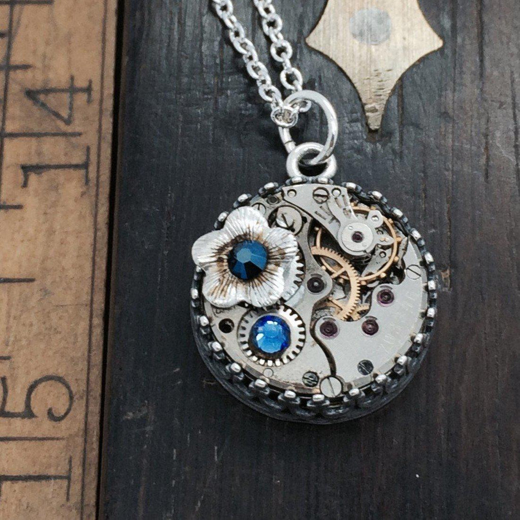 Steampunk Inspired Birthstone Watch Movement Necklace with Flower Charm - The Victorian Magpie