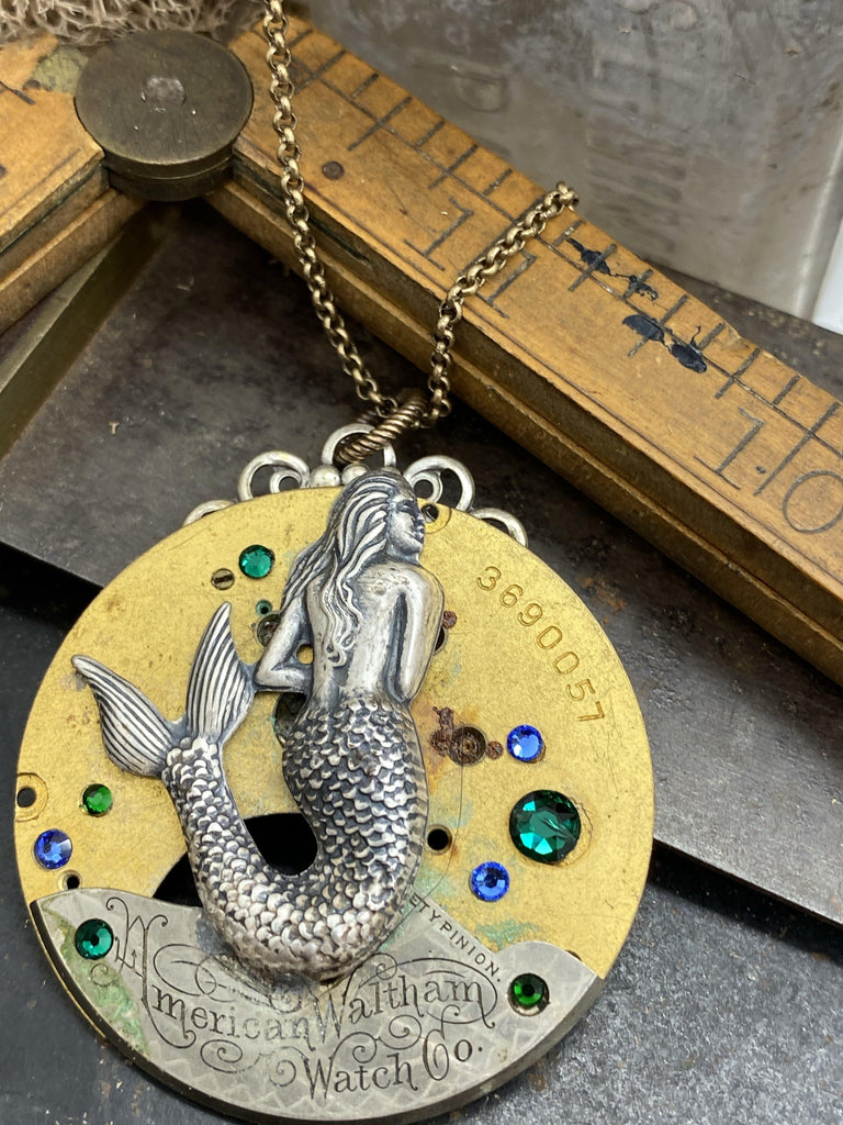 Coral, Mermaid Engraved Watch Part Necklace - The Victorian Magpie