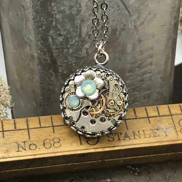 Steampunk Inspired Birthstone Watch Movement Necklace with Flower Charm - The Victorian Magpie