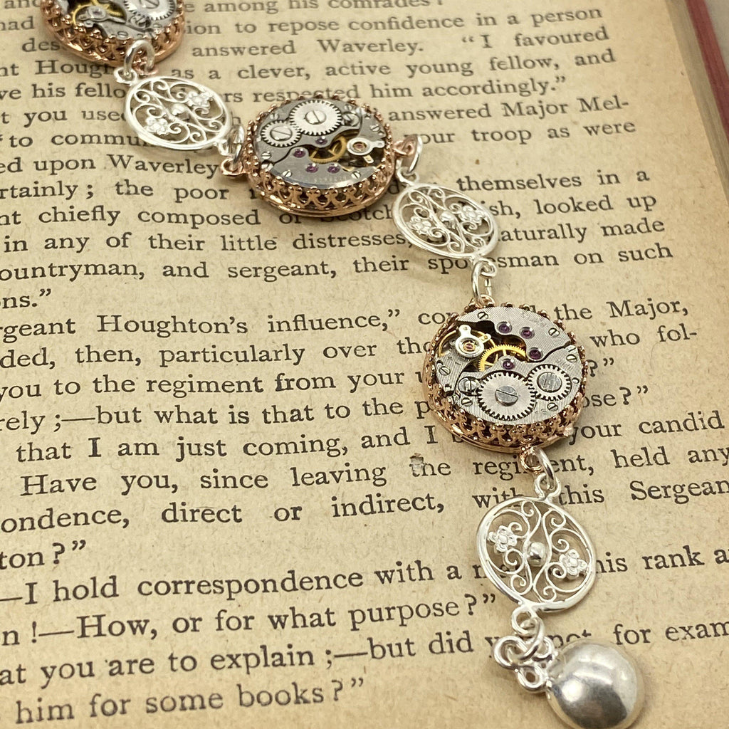 Selma, Vintage Watch Movement Station Bracelet with Filigree Charms - The Victorian Magpie
