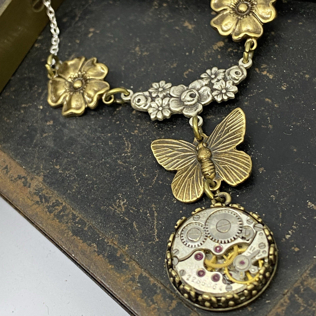 Flora, Floral Butterfly Necklace - The Victorian Magpie