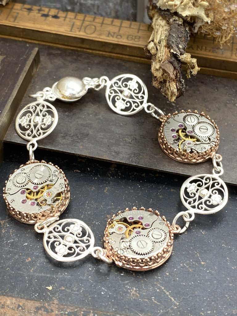 Selma, Vintage Watch Movement Station Bracelet with Filigree Charms - The Victorian Magpie