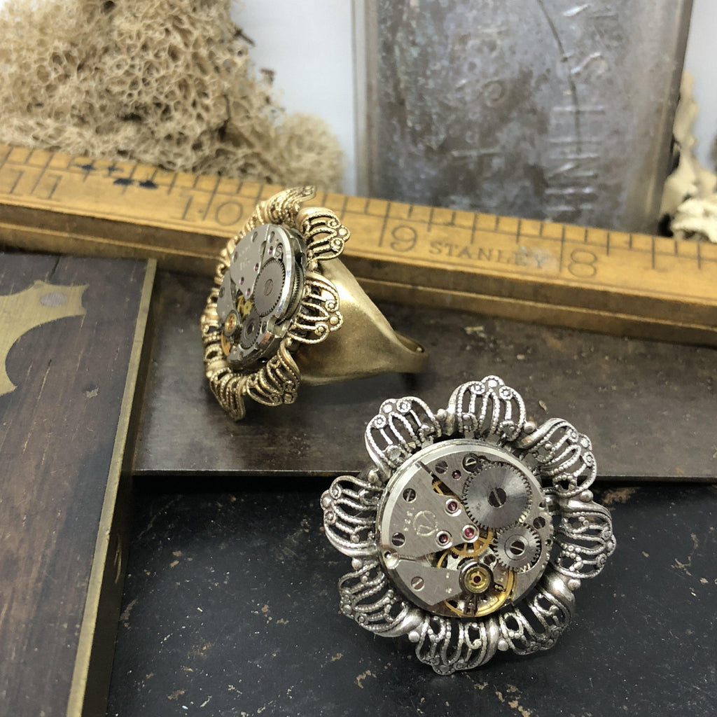 Vintage Floral Watch Movement Ring - The Victorian Magpie